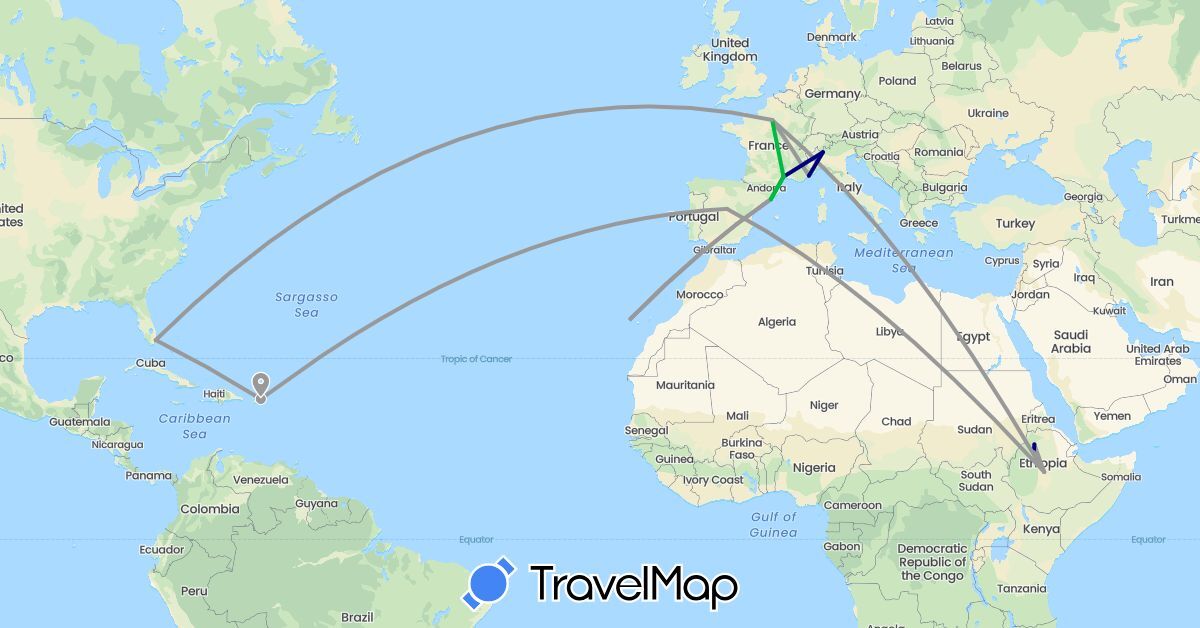 TravelMap itinerary: driving, bus, plane in Spain, Ethiopia, France, Italy, United States (Africa, Europe, North America)